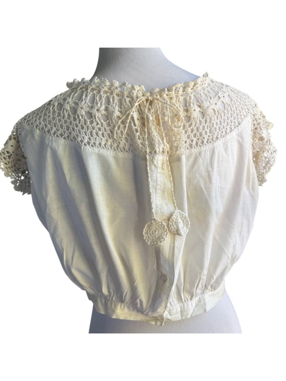 Antique Edwardian Corset Cover Camisole M Cream Crochet Yoke Lace Peasant Blouse - Picture 2 of 15